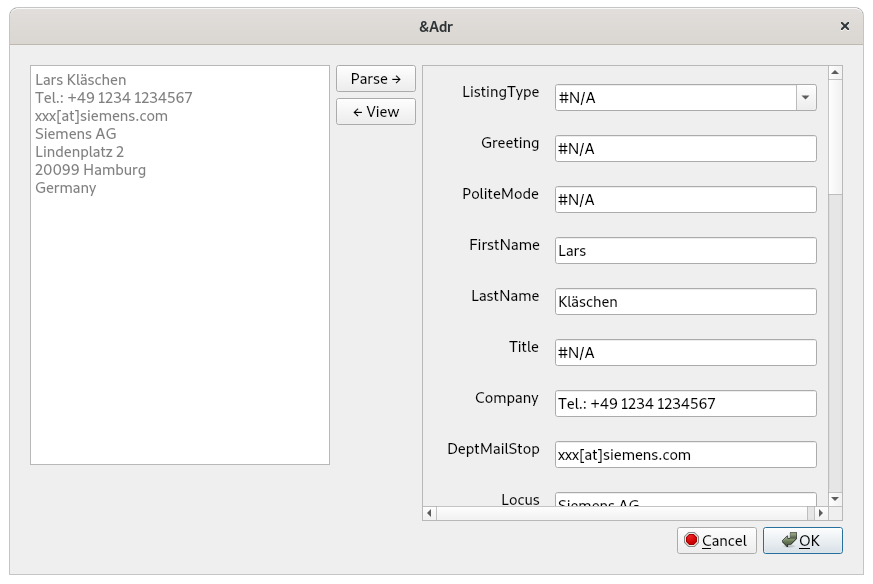 Free-Form Entry Dialog after parsing.