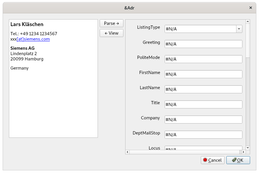 Free-Form Entry Dialog before parsing.